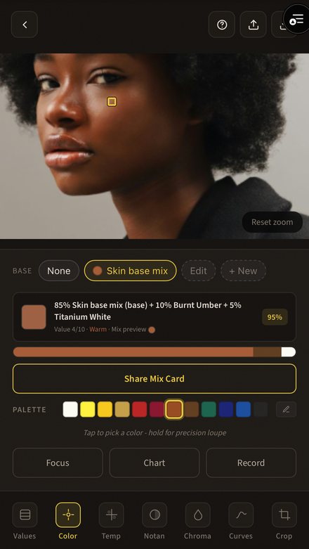BrushLens with a locked skin base mix, reading 85% Skin base mix plus 10% Burnt Umber plus 5% Titanium White at 95% match